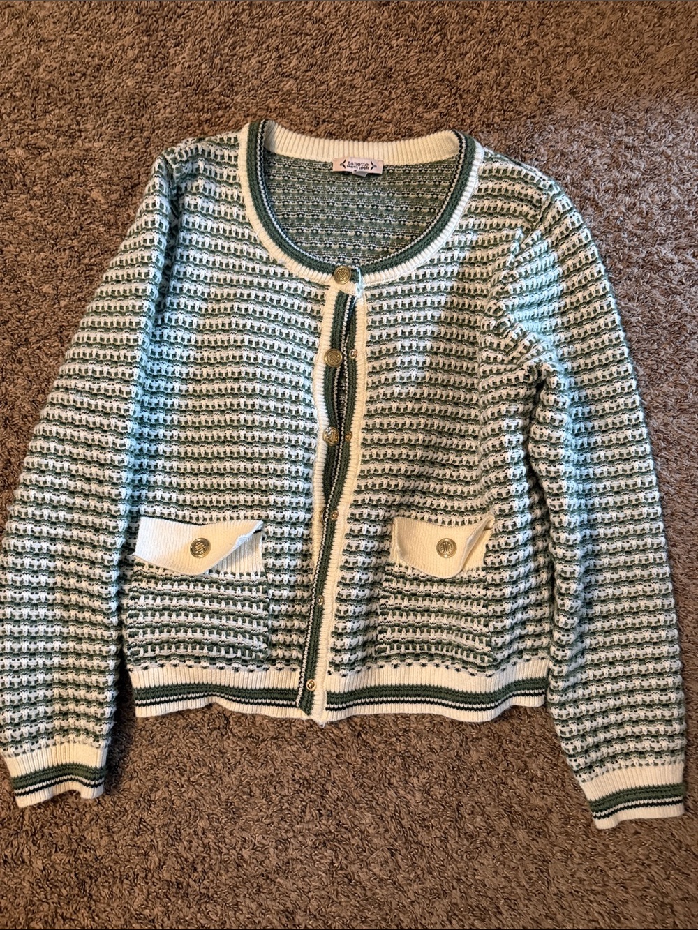 Nanette Lepore Knit Cardigan Sweater - Green & Cream